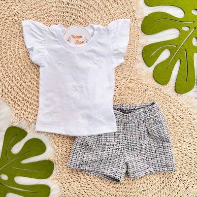 Conj. Blusa Laço de Strass com Pérola e Short Tweed - Branco